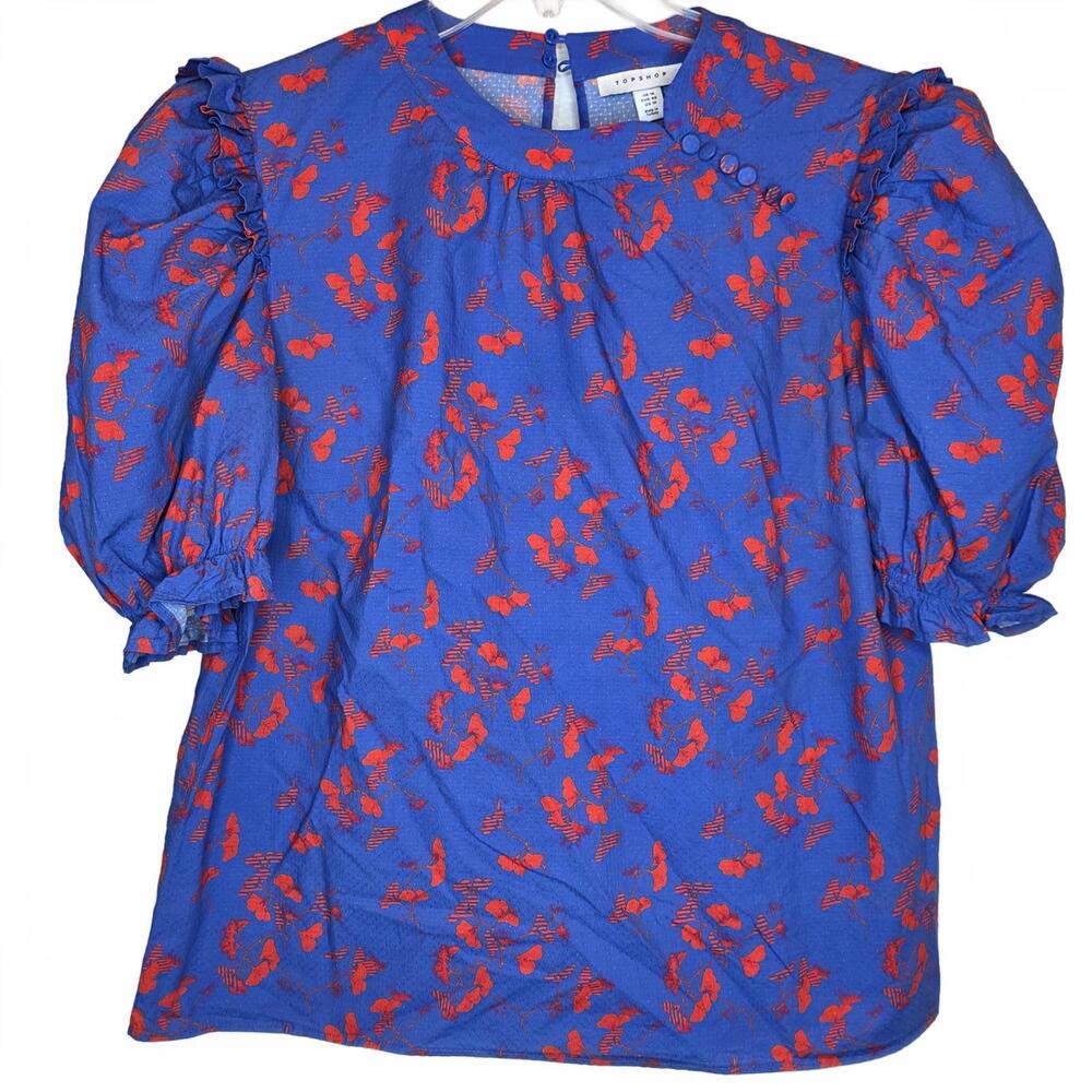 Topshop Short Sleeved Peasant Top Blue Red Size 10 Boho Preppy